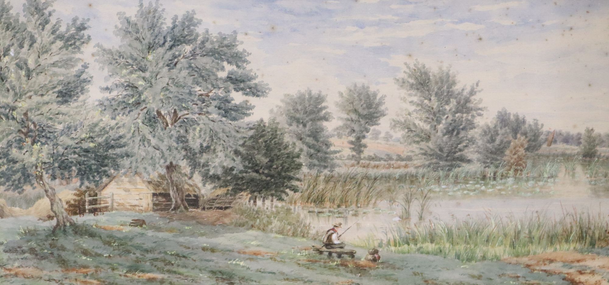 English School c.1900, watercolour, Angler in a landscape, initialled lower right, 22 x 45cm